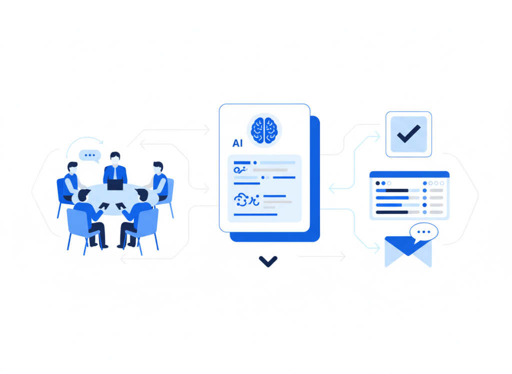 Illustration of meeting notes flowing into automated tasks, project updates, and follow-up messages.