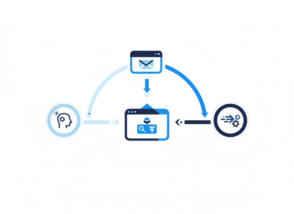 An email inbox branching into built-in AI assistance, intelligent organization, and a streamlined automated workflow.
