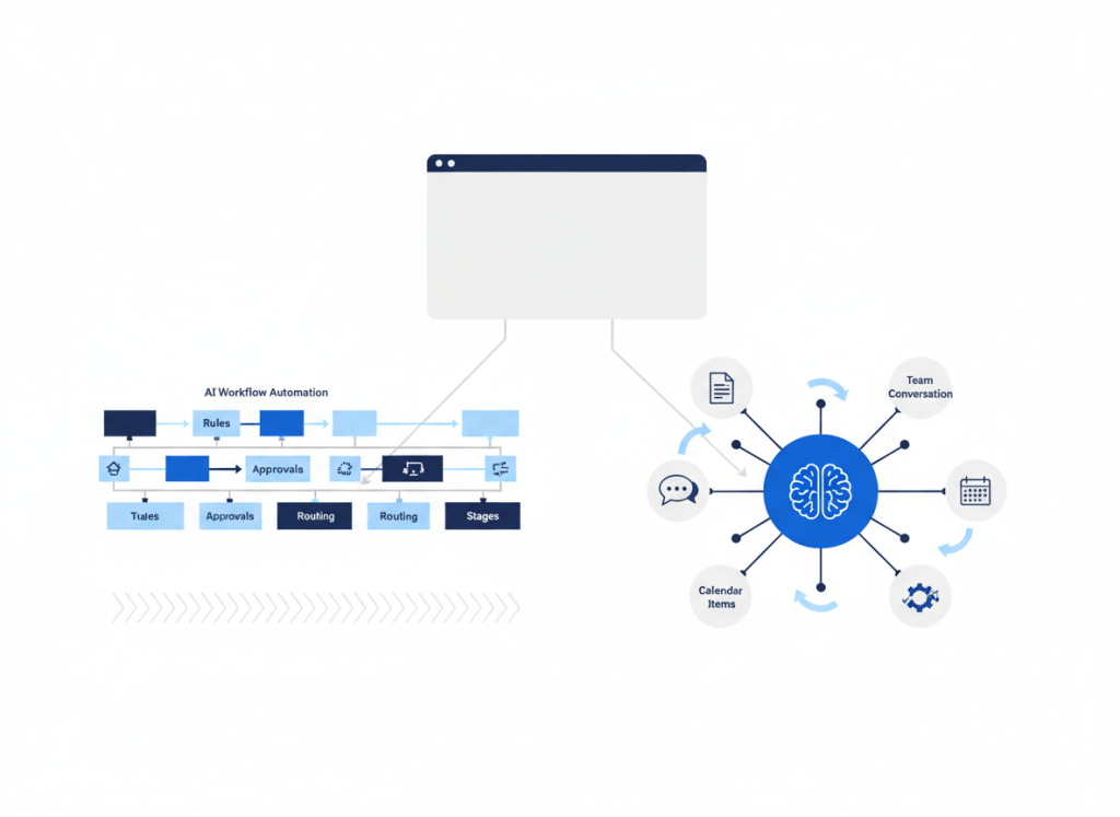 A project board splitting between structured AI workflow automation and an AI assistant connected to tasks, documents, and team conversations.