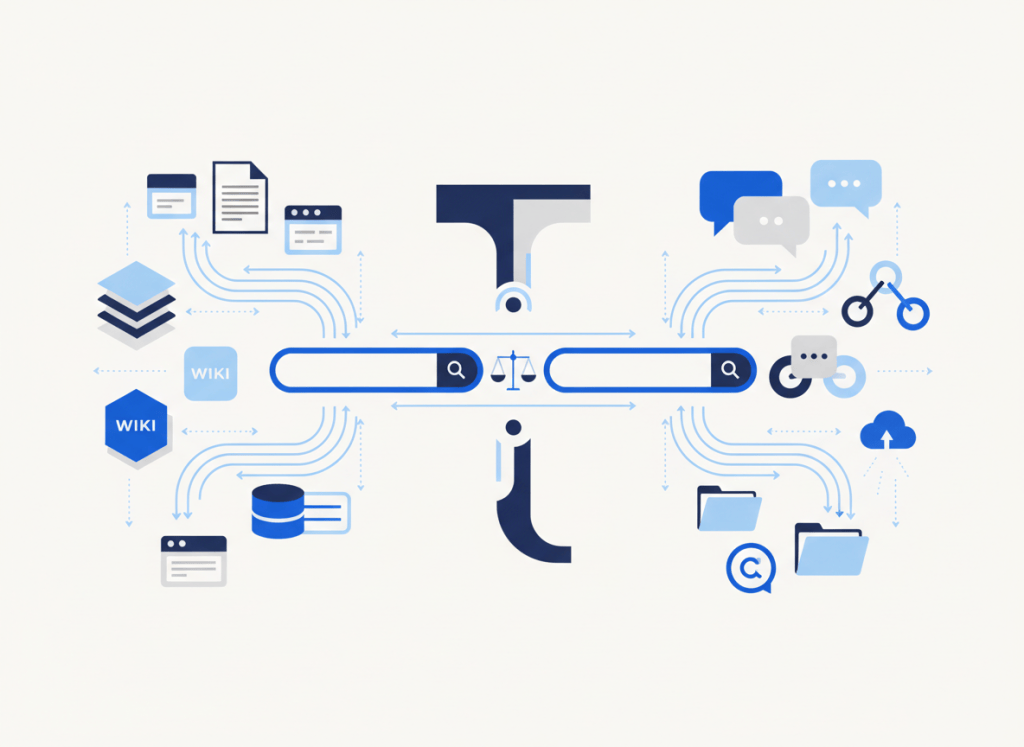 A team comparing search across structured workspace documents with search across conversations, files, and connected work apps.