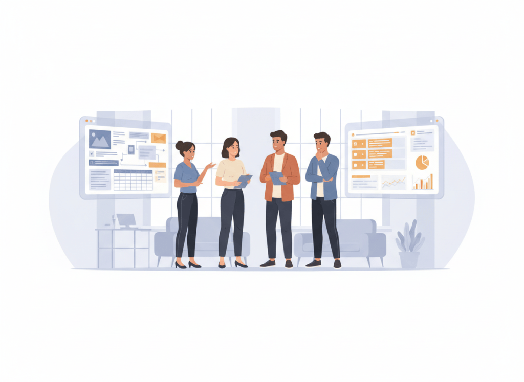 Small team comparing a flexible workspace with a structured project management dashboard.