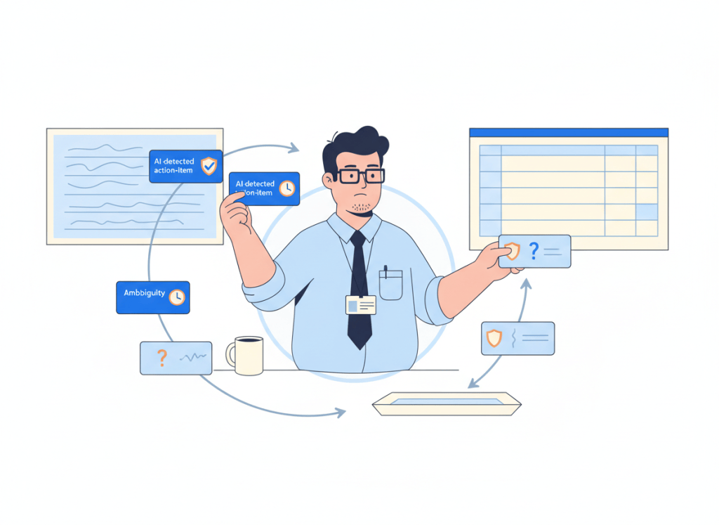 Bob reviews AI-extracted meeting action items before sending clear tasks to a task system and ambiguous items to a review queue.