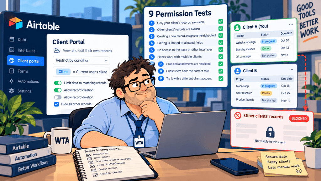 Bob checks Airtable client portal permissions with nine tests to prevent cross-client record access.