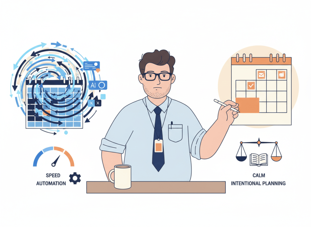 Bob weighs fast AI-assisted time blocking against calm intentional daily planning.