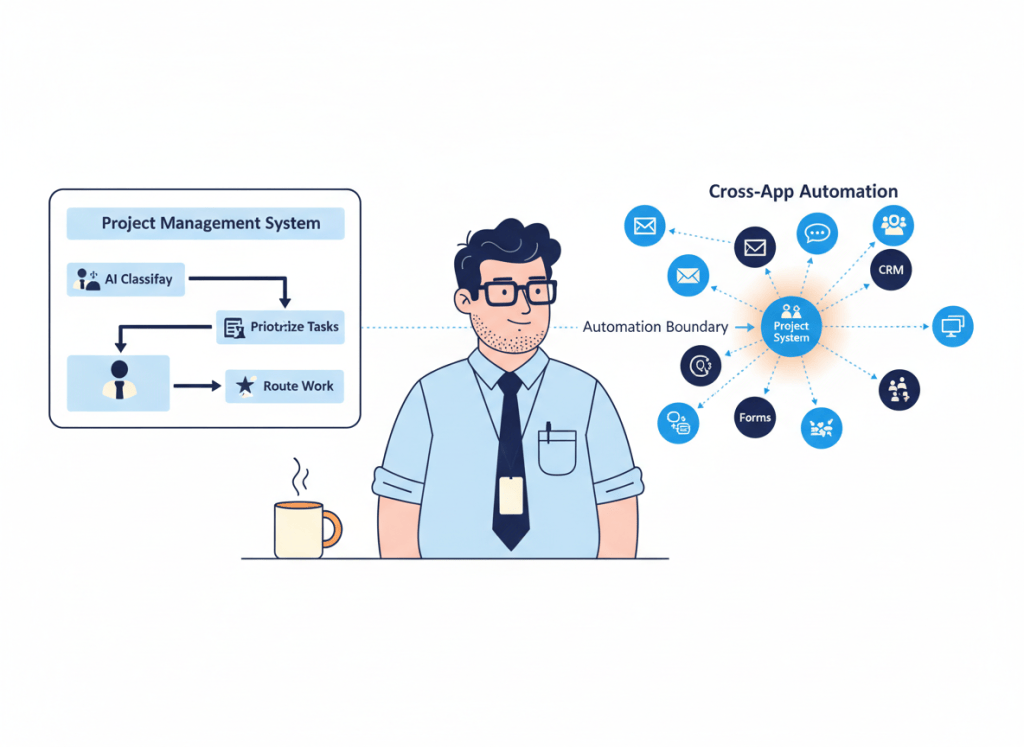 Bob compares an AI workflow centered inside Asana with a broader cross-app automation network connecting multiple business tools.