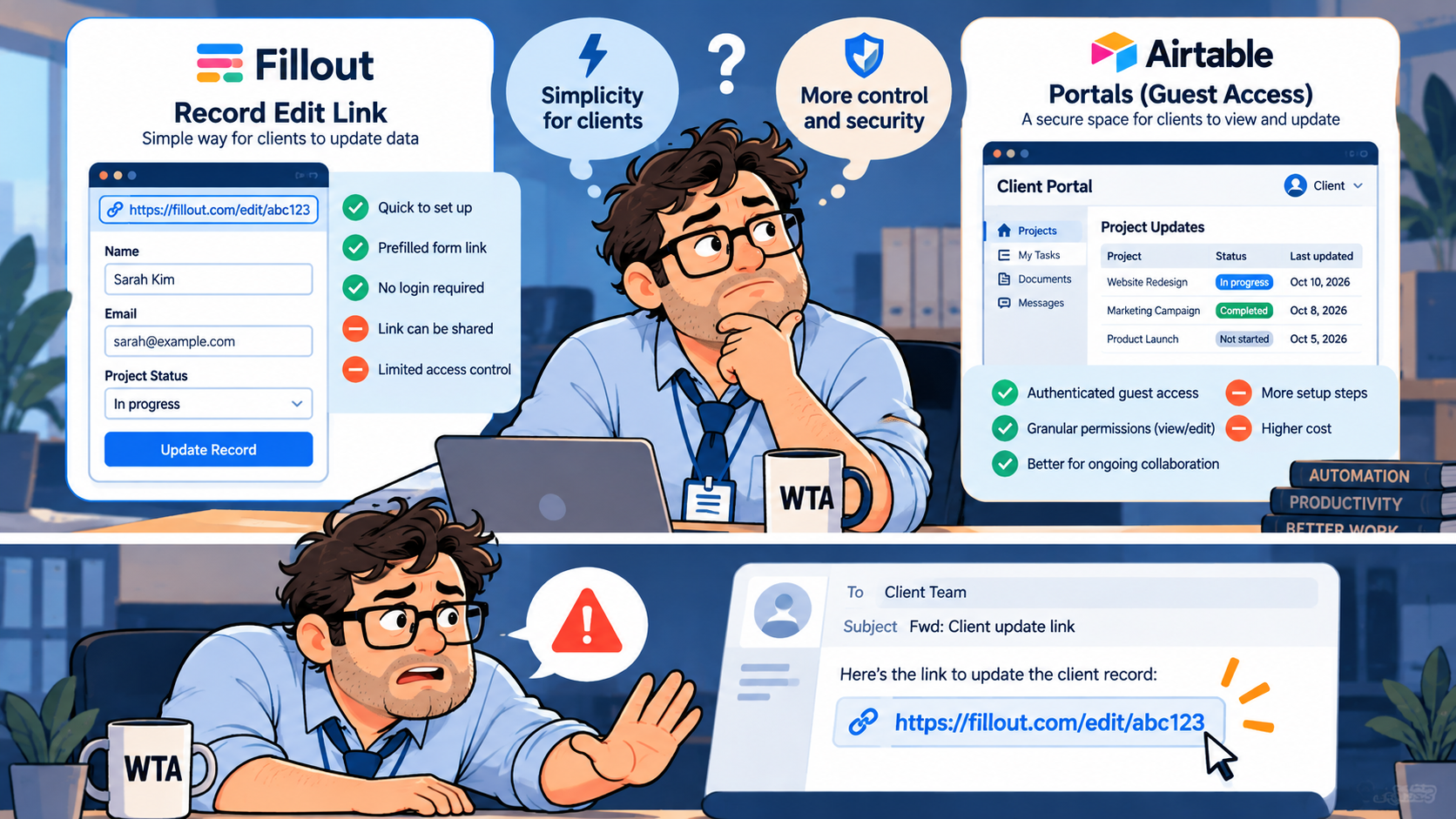 Bob notices a forwarded client update link pointing at the wrong record and stops the edit.