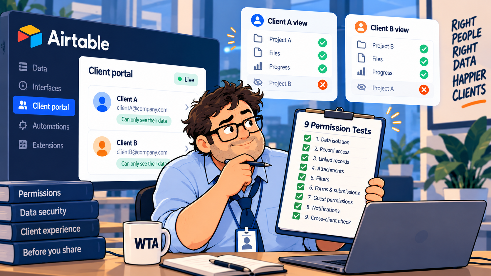 Bob flags a client record permission issue before inviting portal guests.