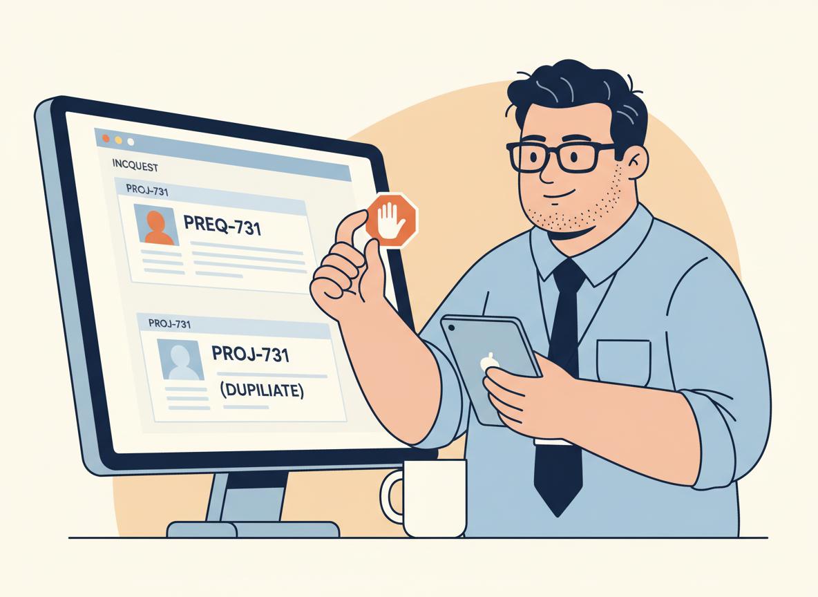 Bob peeks over his monitor and checks an existing project ID before stopping a duplicate project creation.