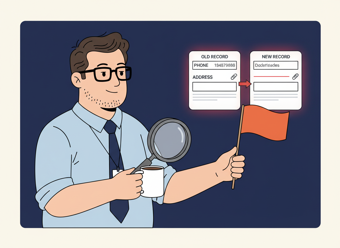 Bob reviews a client record change and stops blank fields from overwriting existing contact details and attachments.