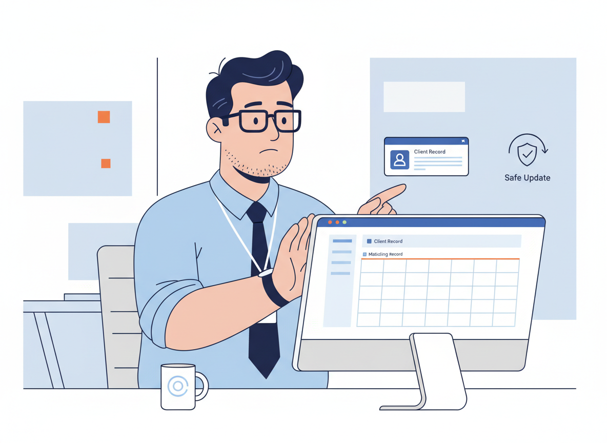 Bob checks an existing client record identifier before allowing a form submission to update the database.