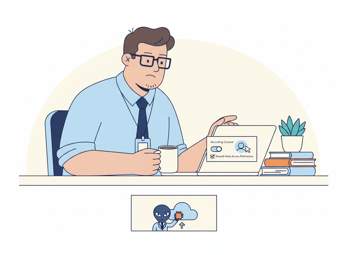 Bob checks meeting recording consent and note-sharing permissions before sending an AI-generated summary.