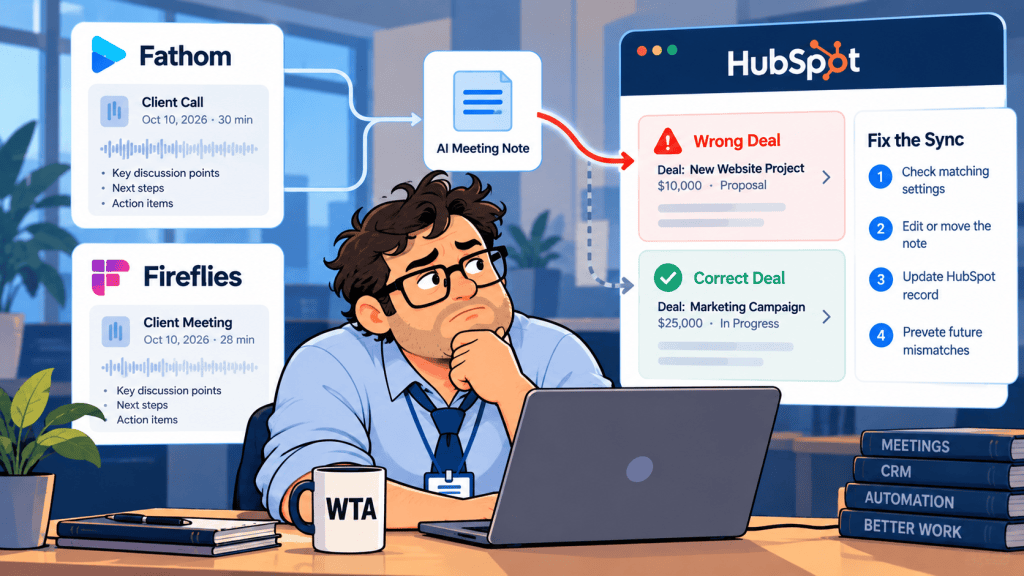 Bob investigates AI meeting notes synced to the wrong HubSpot deal from Fathom or Fireflies.