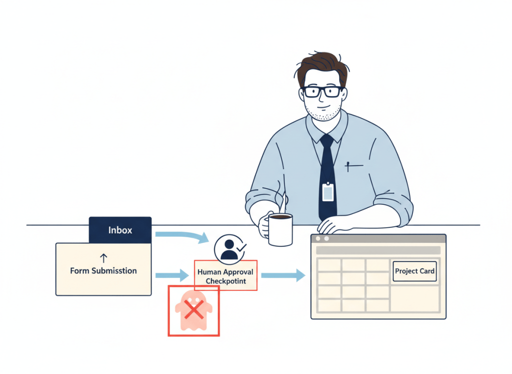 Bob checks a client request approval gate before creating one project and blocking a duplicate.