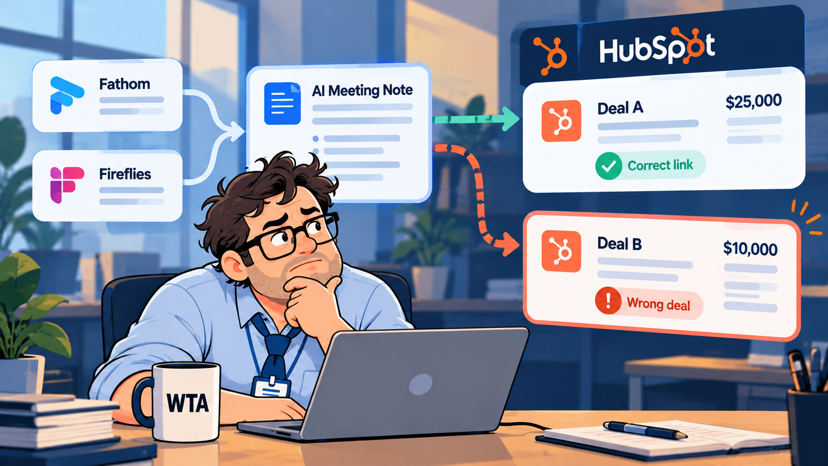 Bob spots an AI meeting note associated with the wrong HubSpot deal and flags it for review.