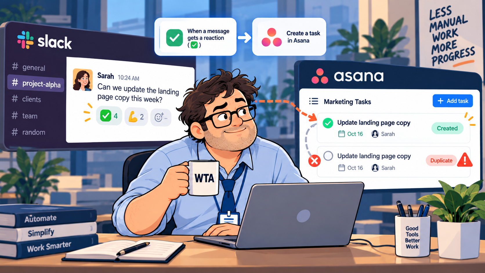 Bob spots a duplicate Asana task triggered from the same Slack message.