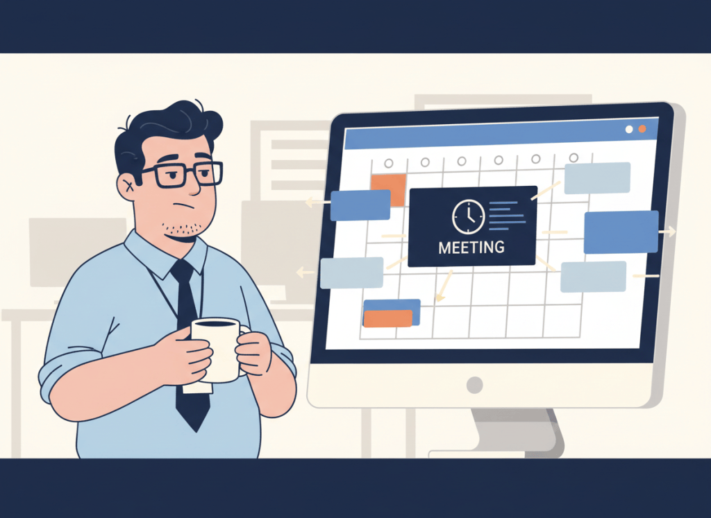 Bob watches task blocks automatically move after a new meeting appears on a busy calendar.