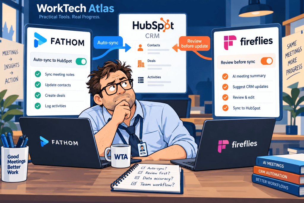 Bob compares automatic CRM sync with review-before-update workflows for HubSpot.