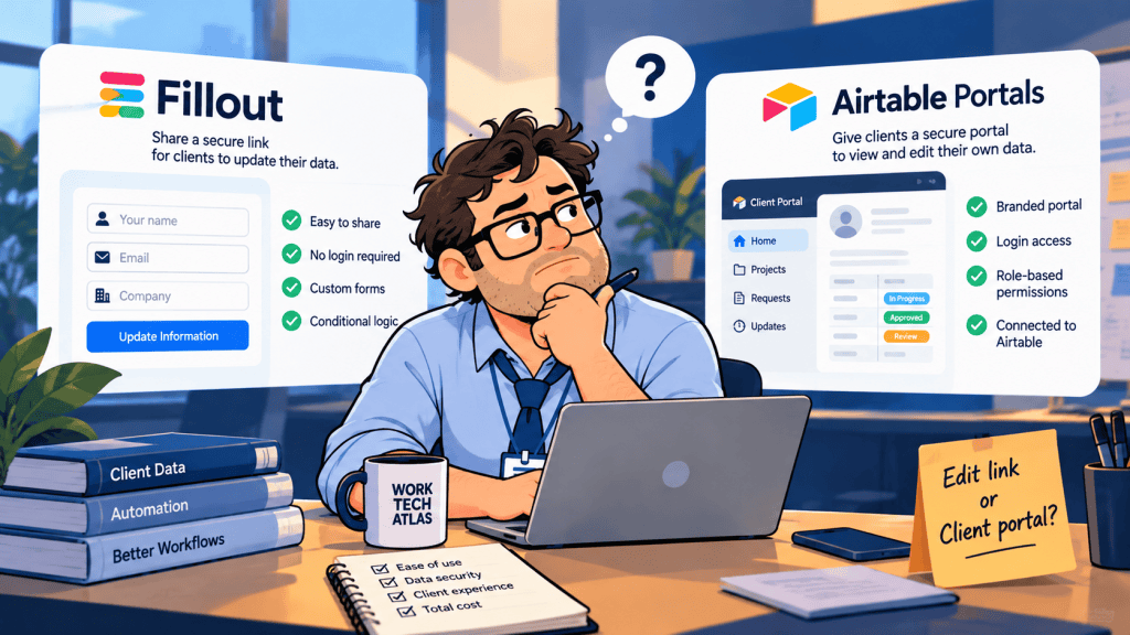 Bob weighs a Fillout client edit link against an Airtable Portal with guest access.