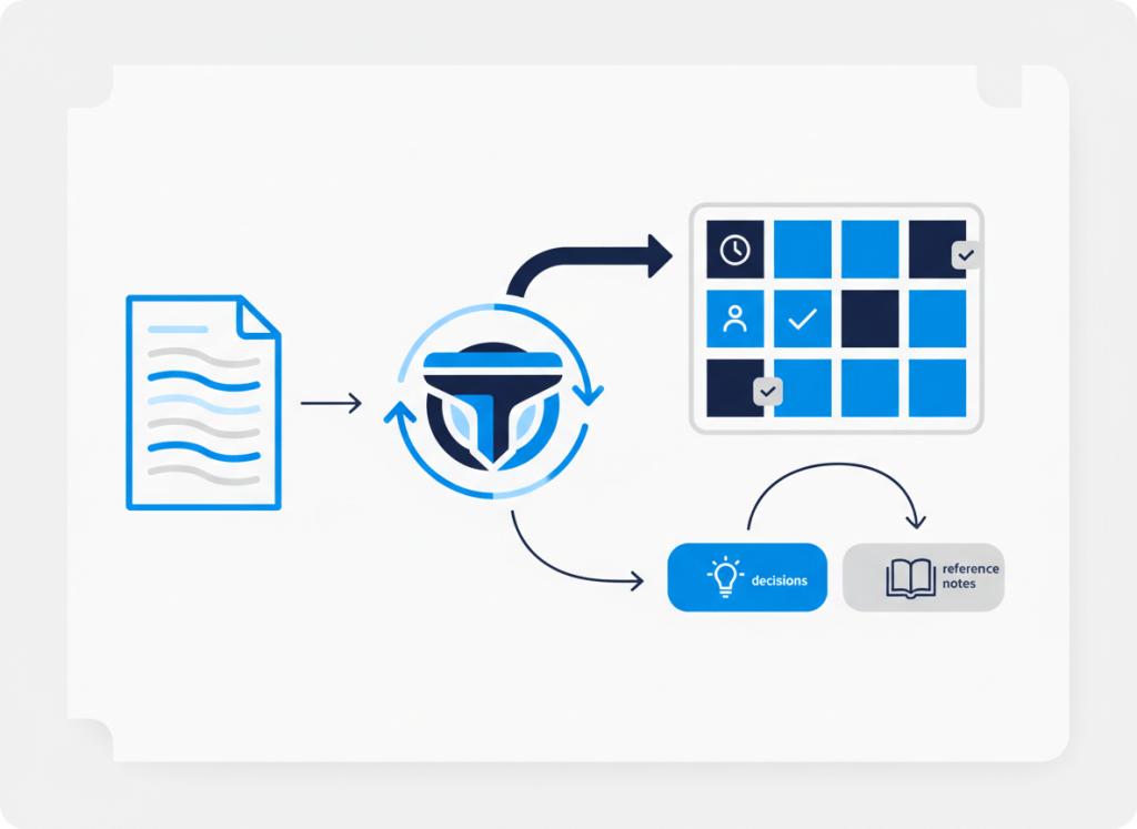 AI meeting notes being filtered into actionable tasks, decisions, and reference information.