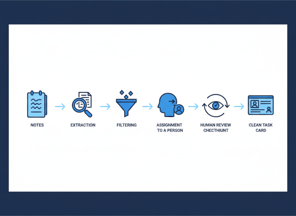 Workflow showing meeting notes being extracted, filtered, assigned, reviewed, and converted into a task.