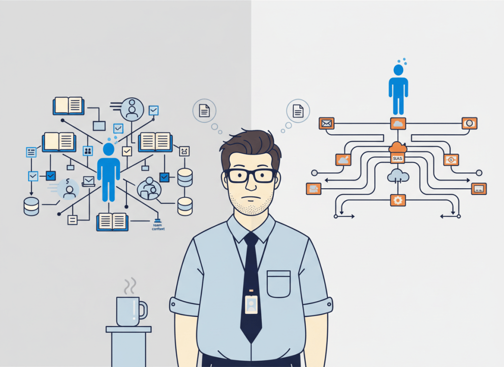 Bob compares an AI agent grounded in a Notion workspace with a cross-app agentic workflow spanning many software tools.