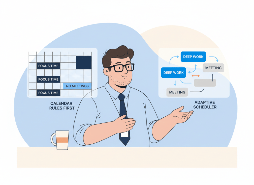 Bob compares simple calendar focus rules with an adaptive scheduling layer that moves focus time around meetings.