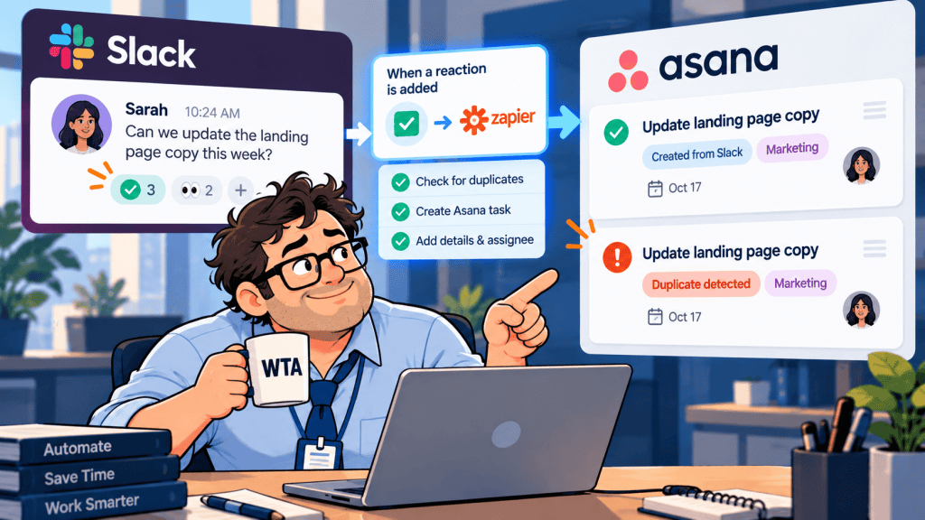 Bob reviews a Slack emoji reaction workflow that creates Asana tasks while checking for duplicates.